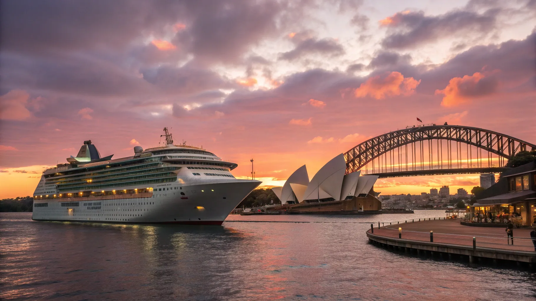 Australia Cruises 2025 and 2026 Airfare Included: A luxurious cruise ship in Sydney Harbour.