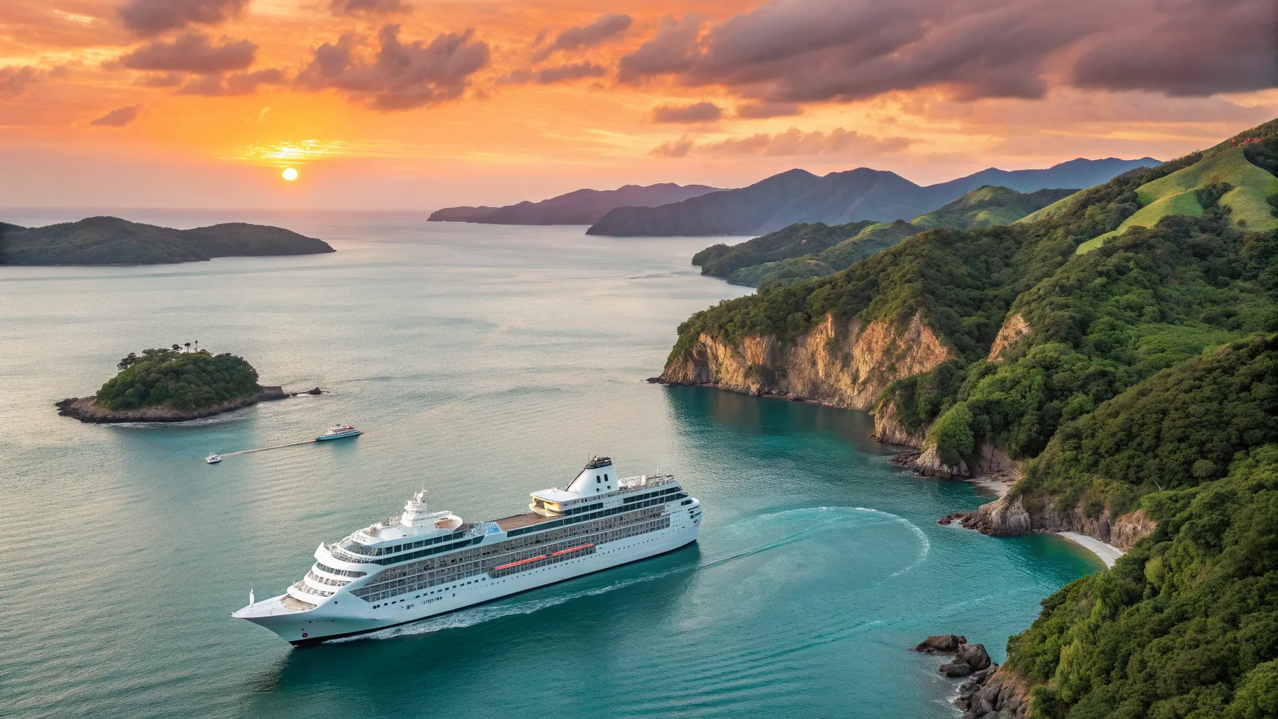 Australia to Japan Cruises feature a stunning ship against a vibrant sunset over calm waters.
