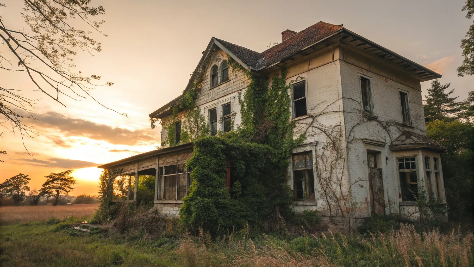 Abandoned Property Investing: A neglected house amidst overgrowth, hinting at transformation.