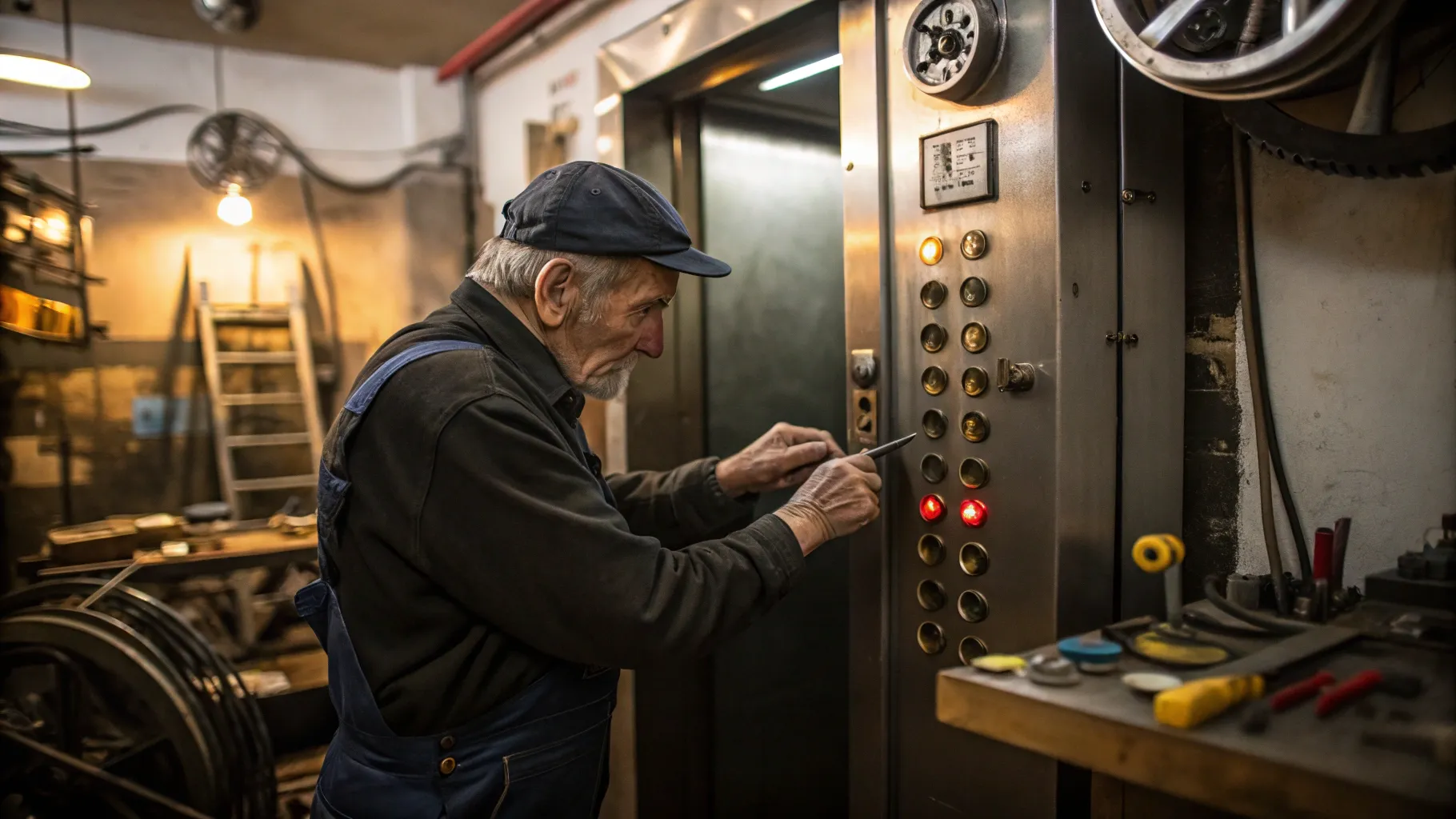 Guide to elevator technician careers for seniors: an older technician with tools inspecting equipment.