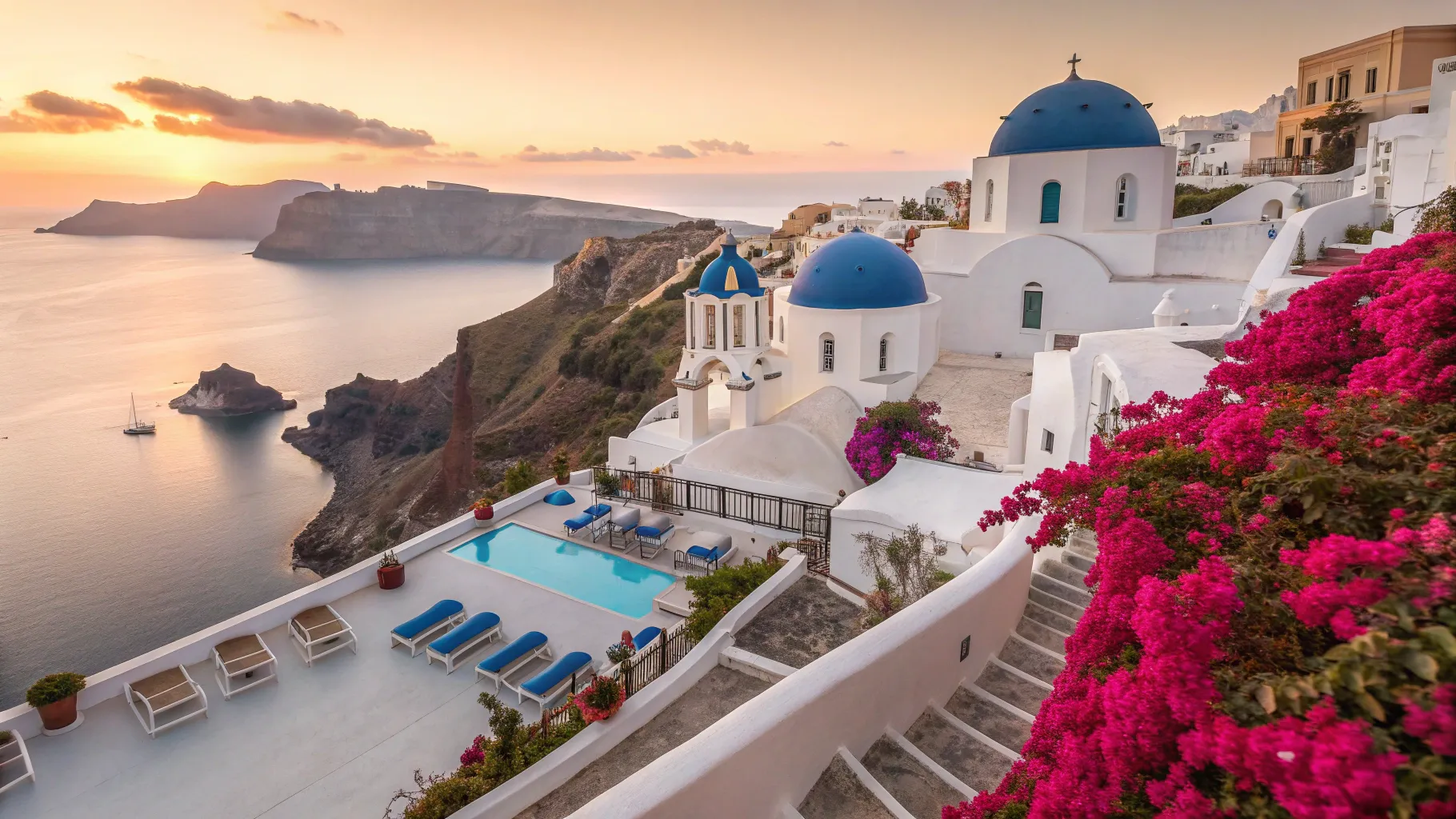 Tips for all inclusive Santorini travel: serene resort with sunset views and vibrant flowers.