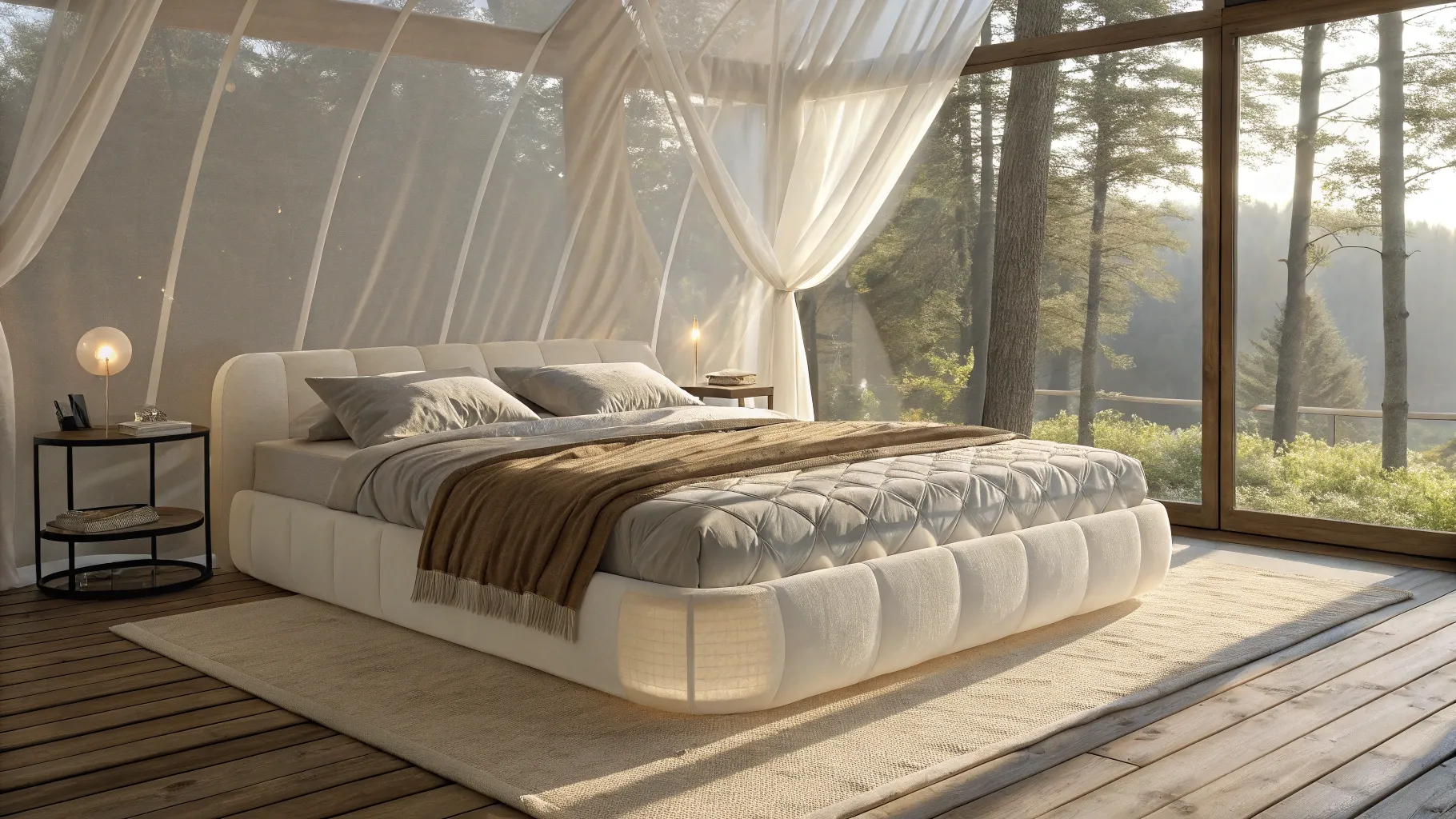Are jelly beds real or fake? Modern bed with translucent layers in cozy, elegant room.