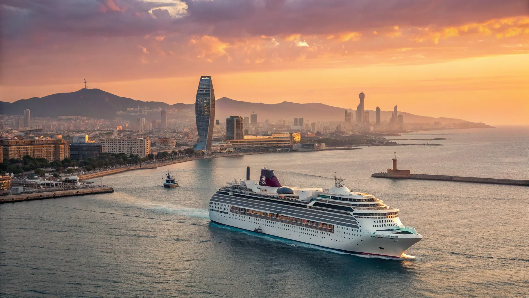 Barcelona - Miami Cruises 2025/2026: A luxurious cruise ship on a vibrant ocean sunset.