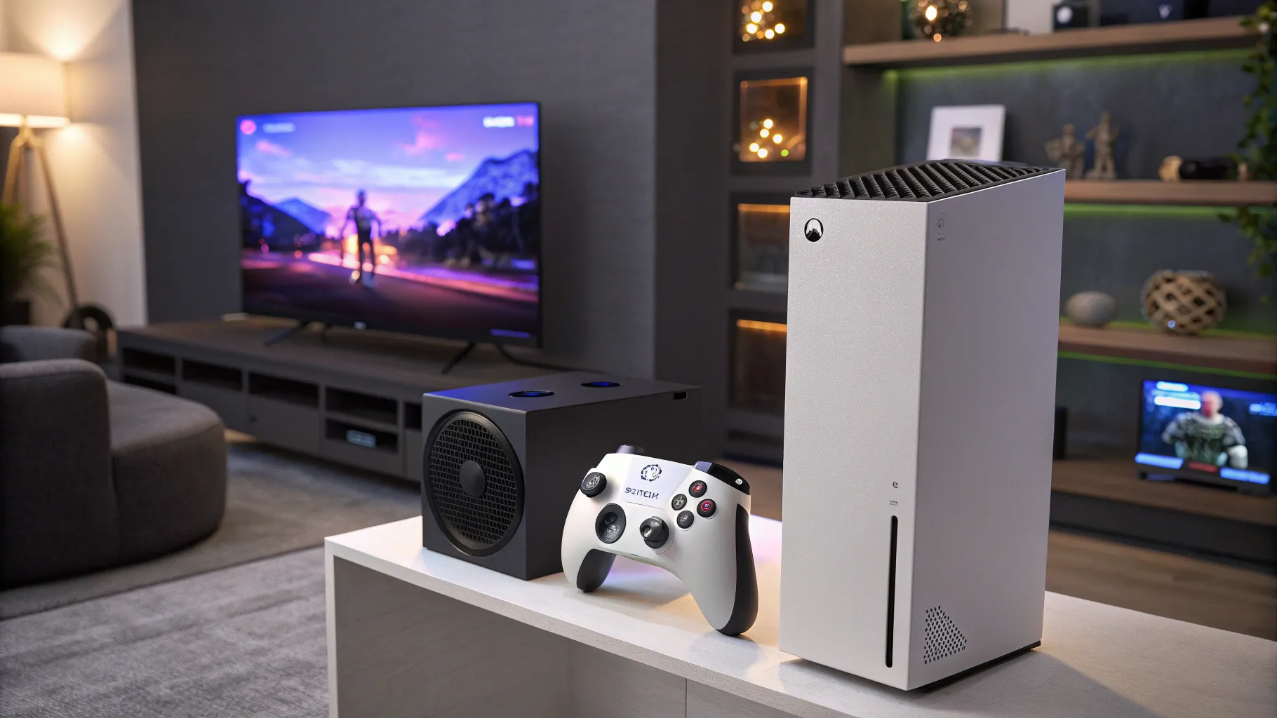 Rent to own gaming consoles displayed in a cozy gaming room with vibrant gaming visuals.