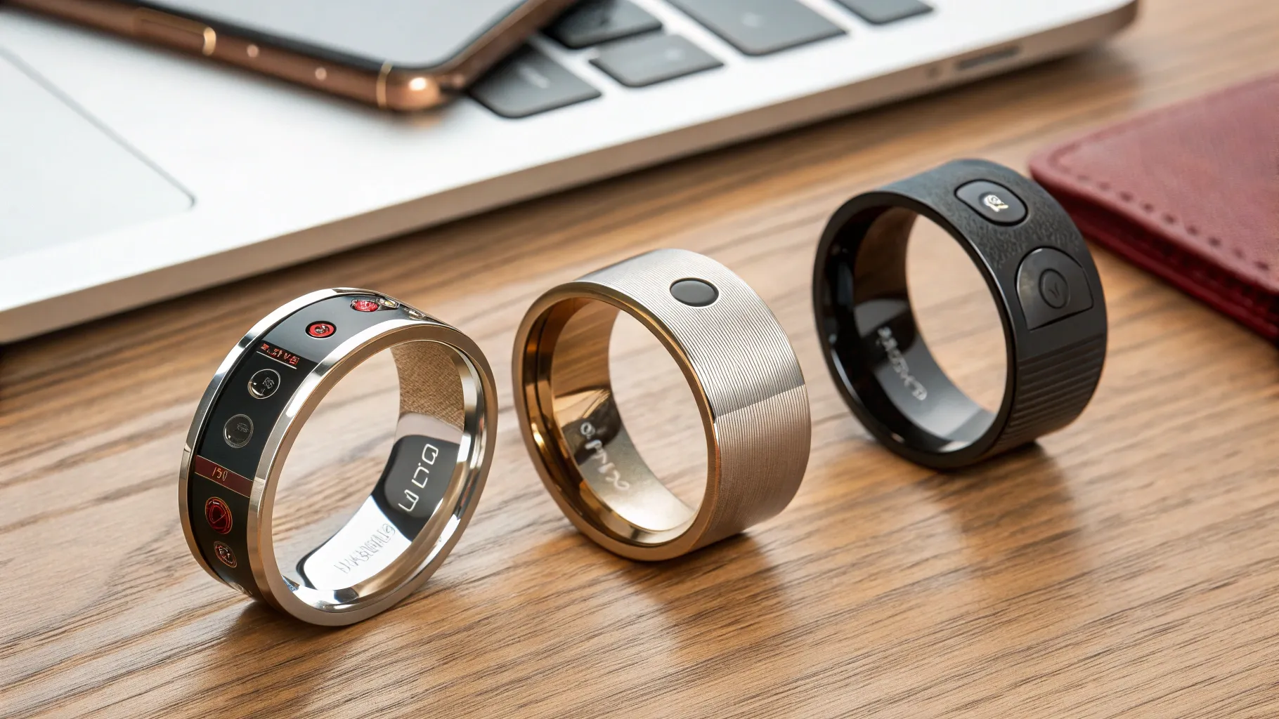 Tips for Buying a Smart Ring: A display of various stylish smart rings on a tabletop.