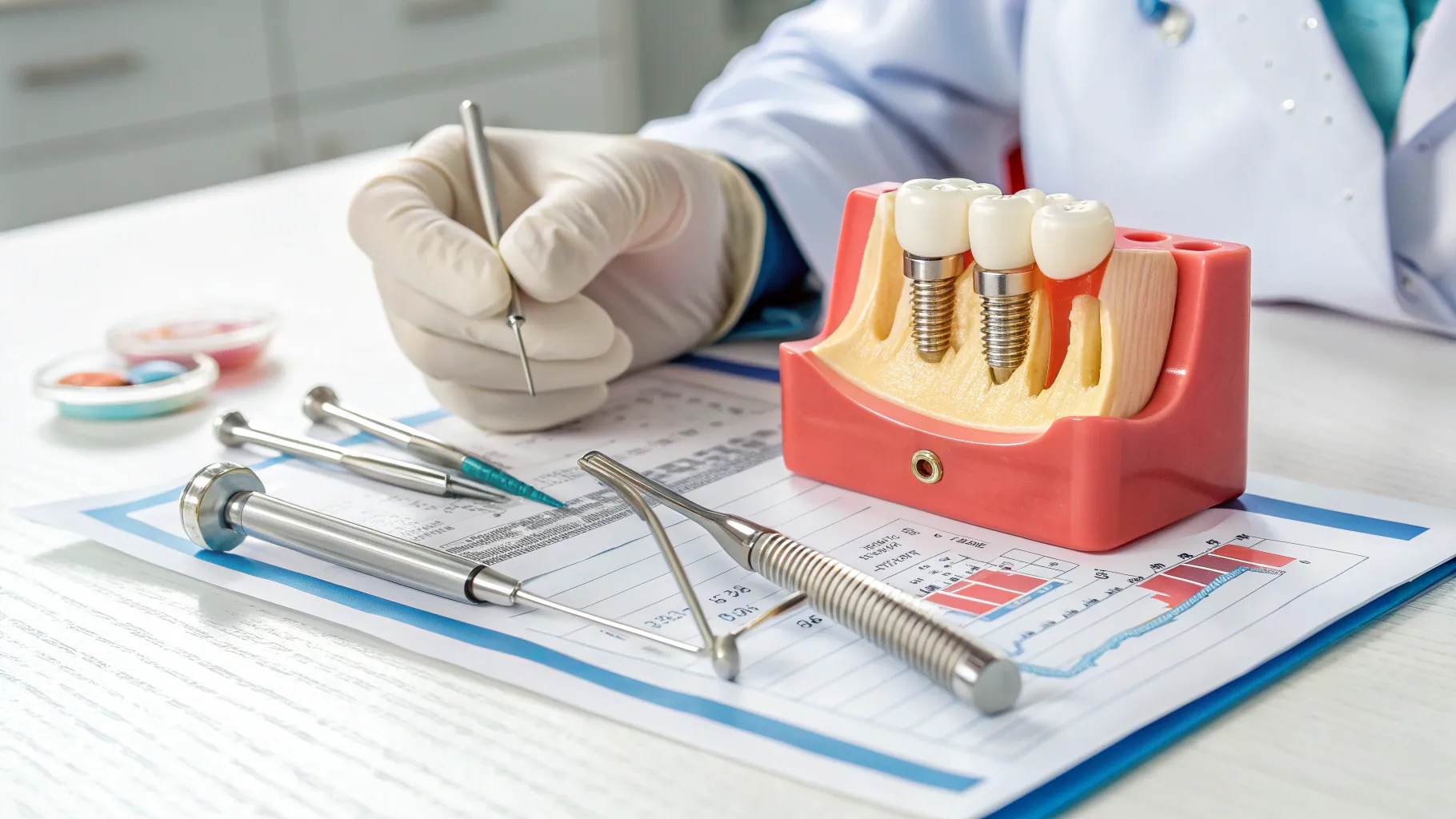 Screwless Dental Implants for seniors displayed in a dental office setting with tools.