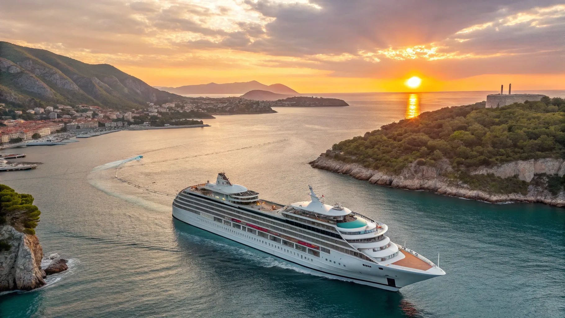 Cruises from Miami to Croatia 2025/2026 over stunning Adriatic waters at sunset.