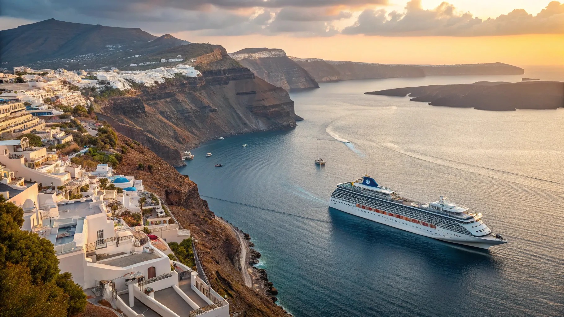 Cruises from Miami to Greece 2025/2026 showcase a sunset view of Oia's beautiful coast.
