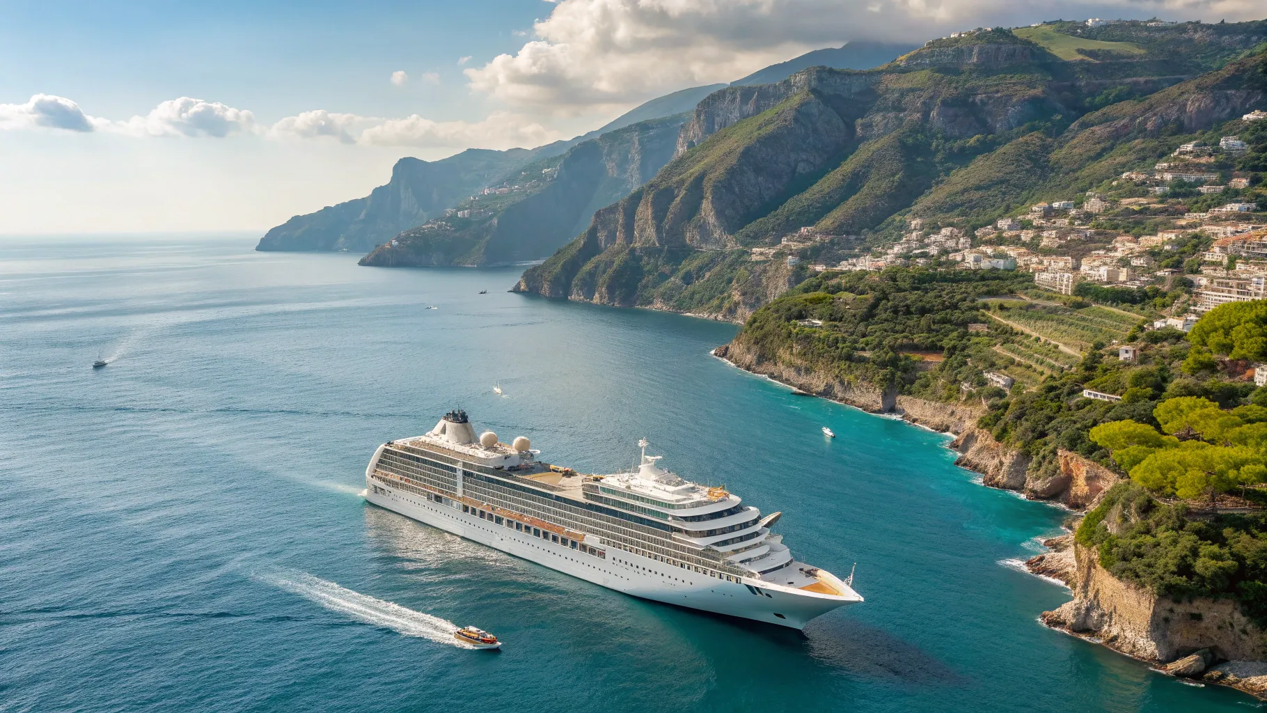 Cruises from Miami to Italy 2025/2026 featuring a majestic ship on the Mediterranean.
