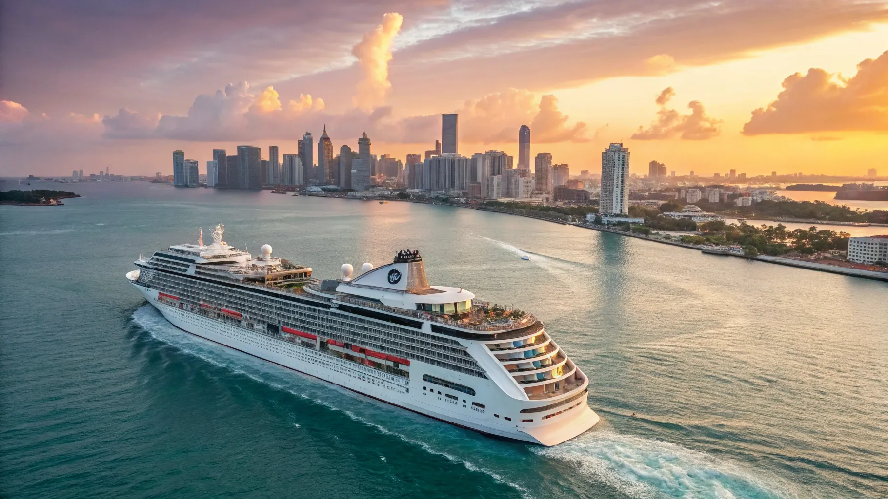 Cruises from Miami to Malta 2025/2026 with a luxury ship against a Mediterranean sunset.