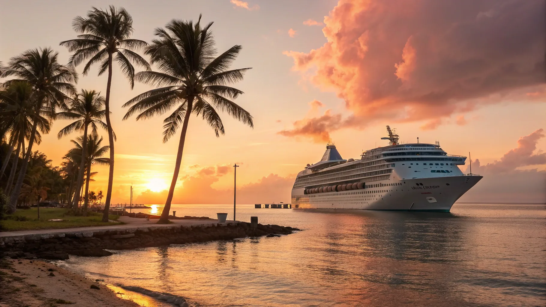 Cruises from Miami to United Kingdom 2025/2026 showcase luxury ships against sunsets.