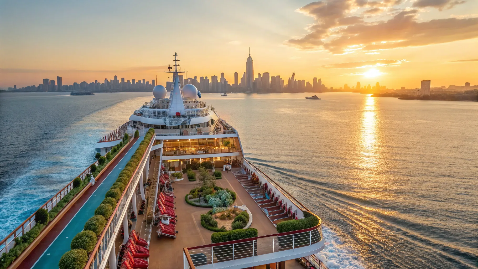 New York to Sydney Cruises 2025/2026 with a luxurious ship sailing under a stunning sunset.