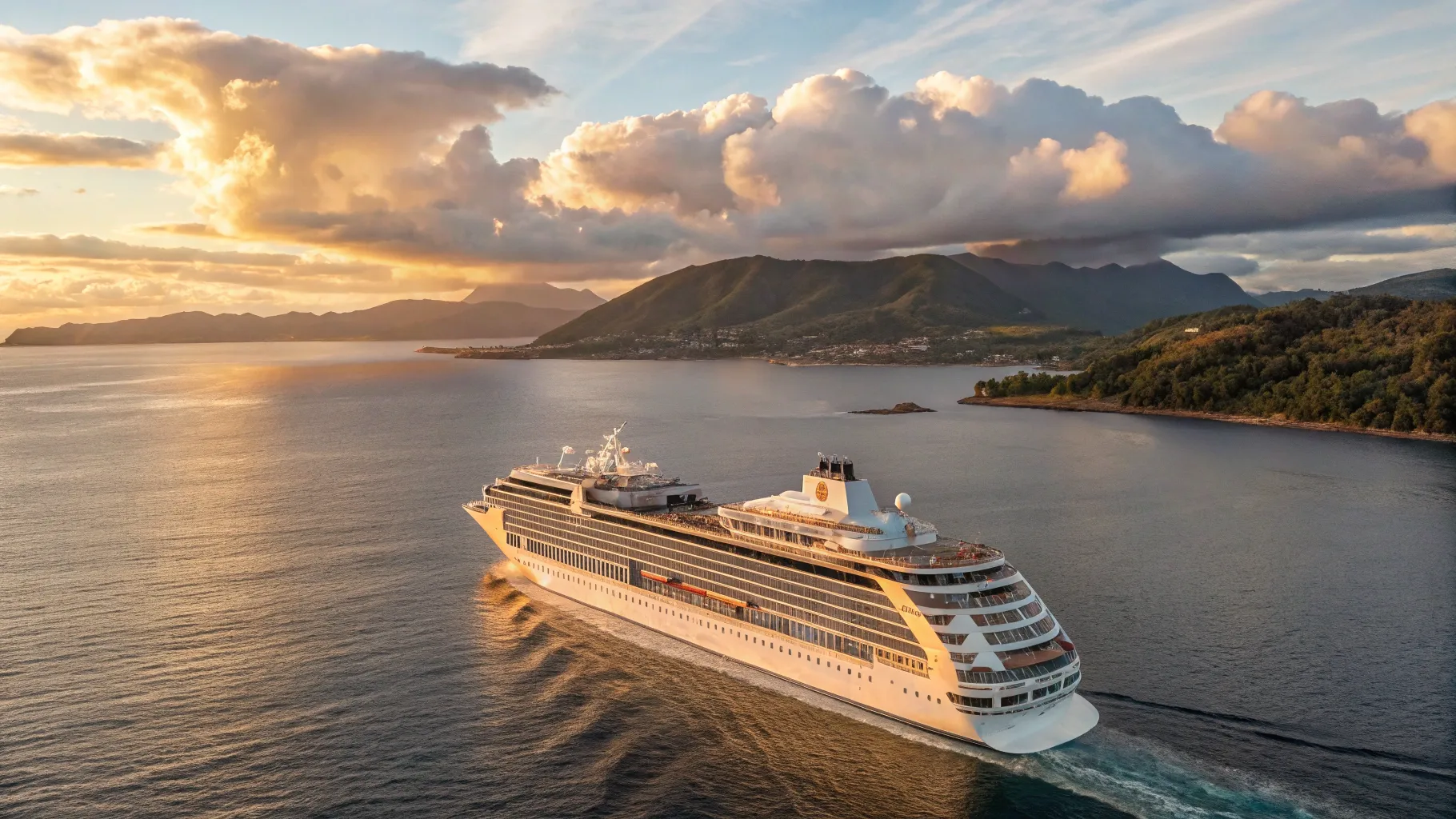 Cruises from Auckland to Hobart 2025/2026 feature a luxurious ship on tranquil waters.