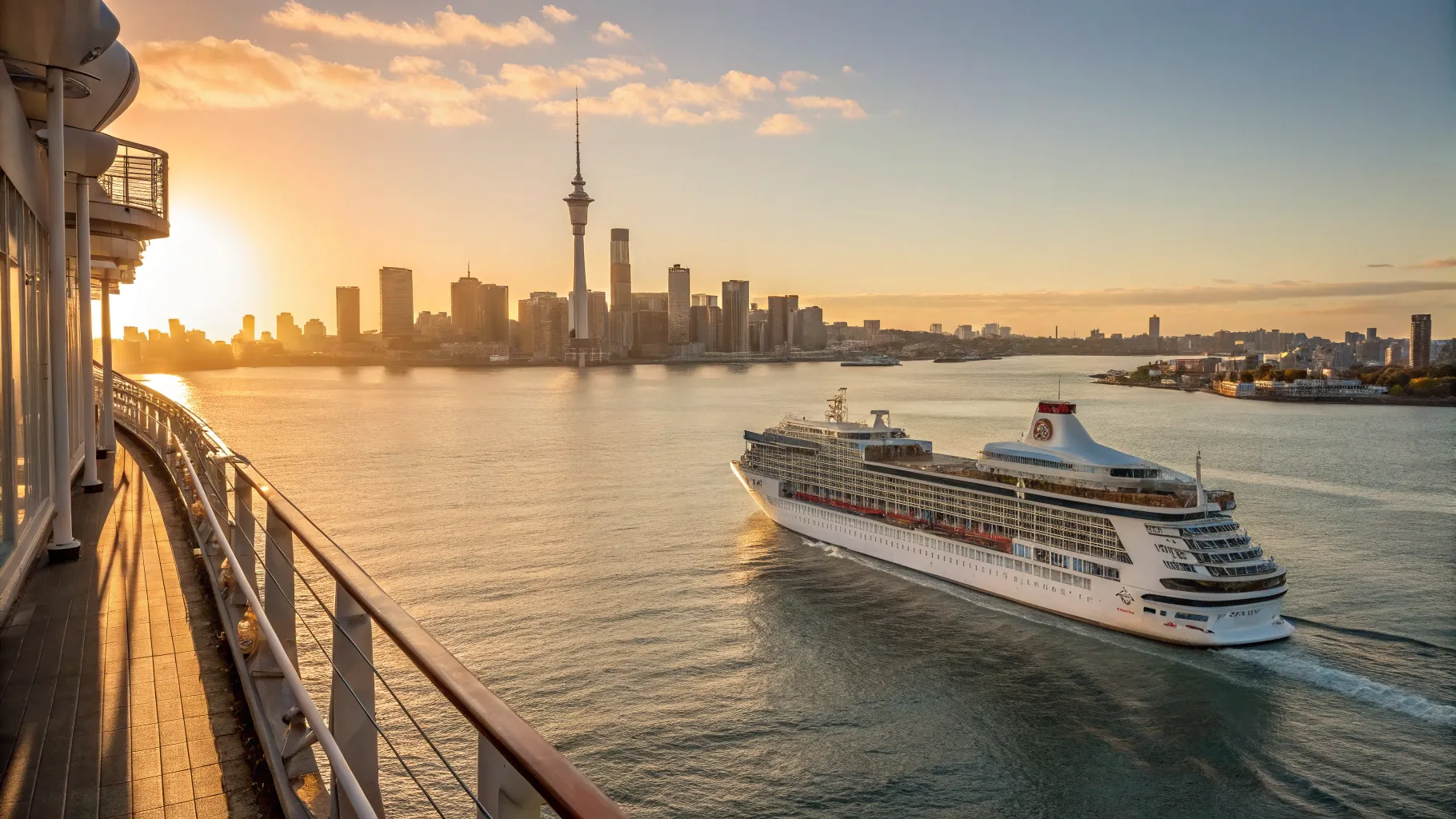 Cruises from Auckland to Melbourne 2025/2026 feature a luxury ship on the serene ocean.