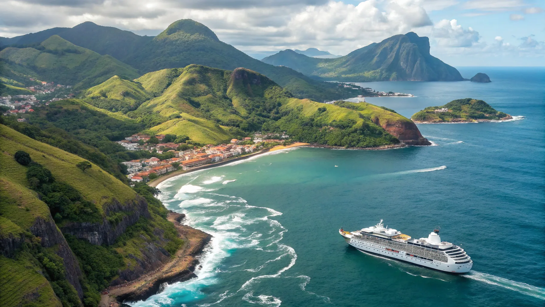Cruises from Auckland to South America 2025/2026 featuring a luxury ship in vibrant waters.