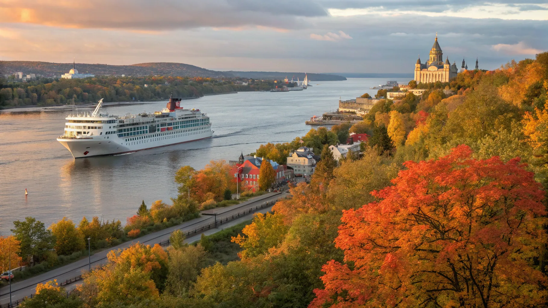 Cruises from montreal set against a backdrop of Quebec City and fall foliage on the river.
