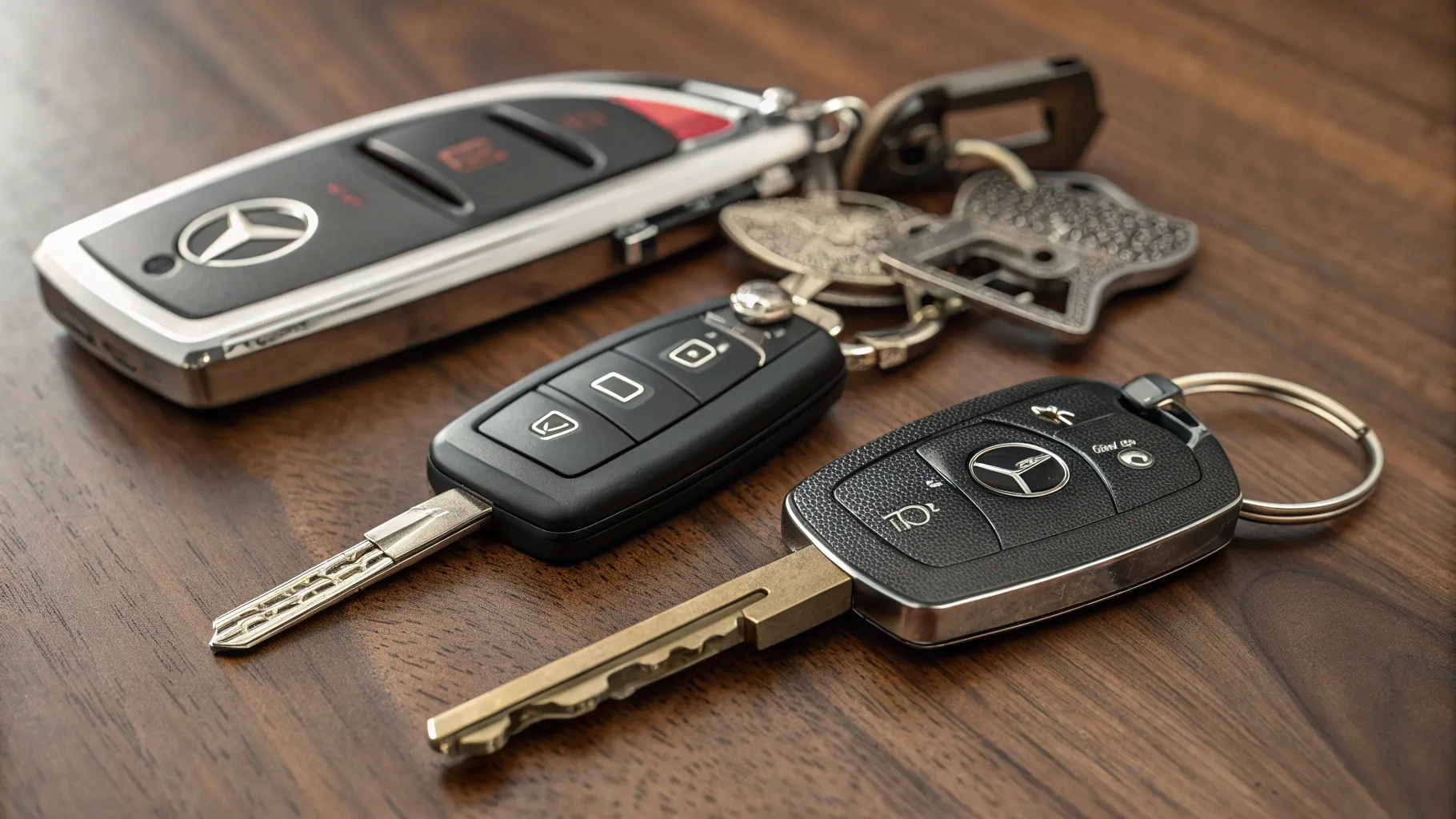 Car Key Replacement Price Info in US - Close-up of various car keys on a wooden surface.