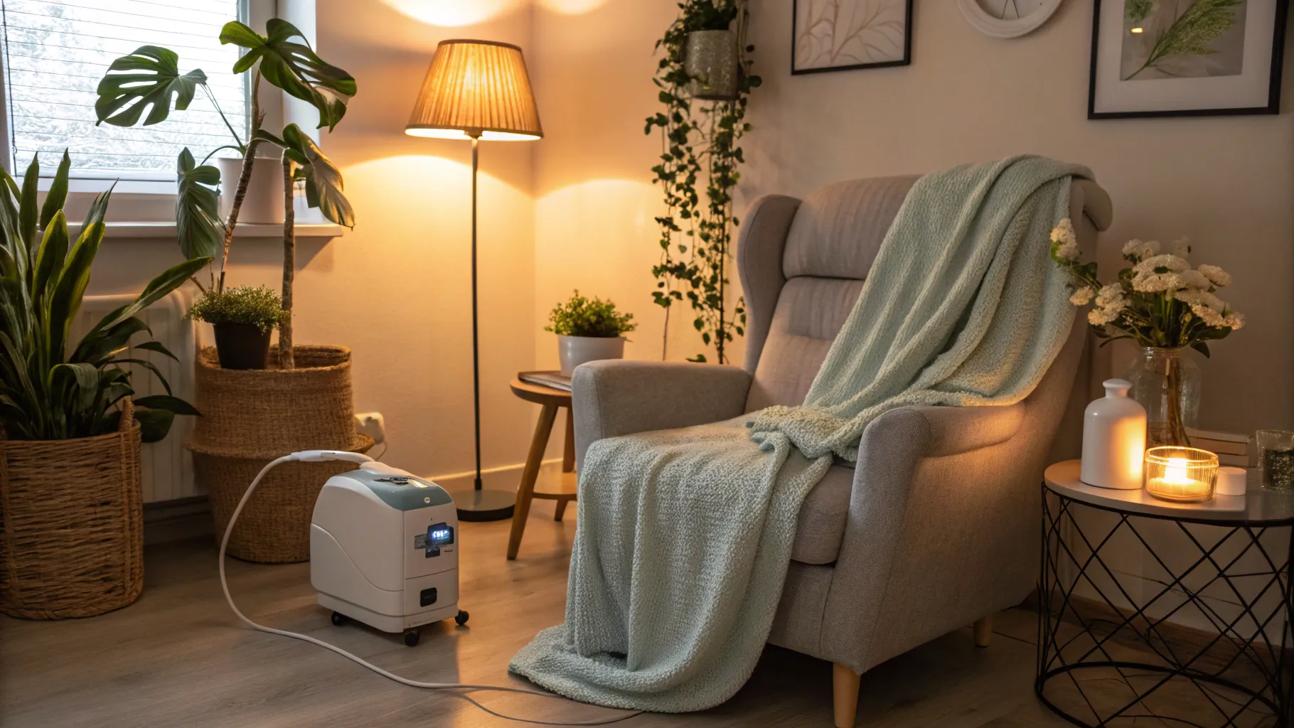 Shortness of breath causes for seniors include treatment items in a cozy living space.