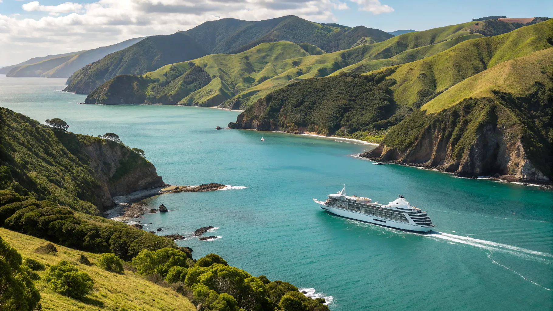 Panoramic view of a cruise ship sailing from Christchurch to Dunedin, showcasing the rugged coastline and clear waters of New Zealand's South Island.