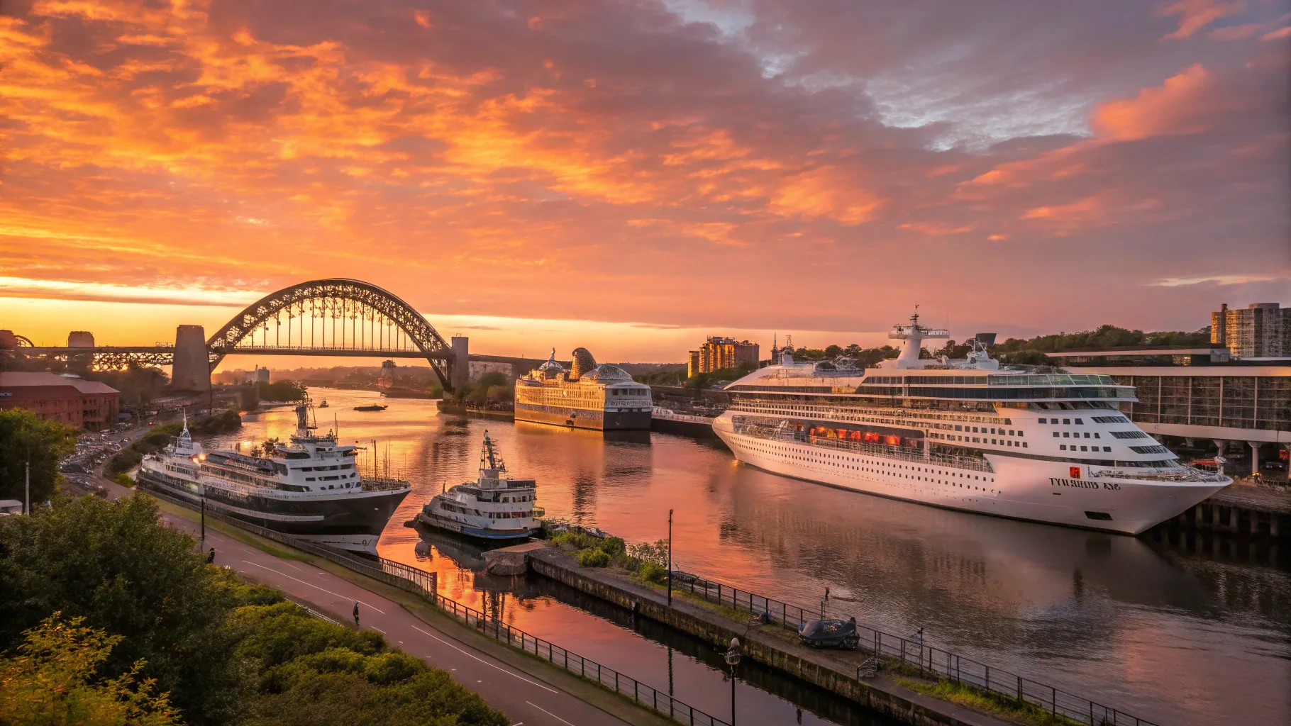 Exploring 2025 UK Cruises from Newcastle with ships ready for adventure at sunrise.