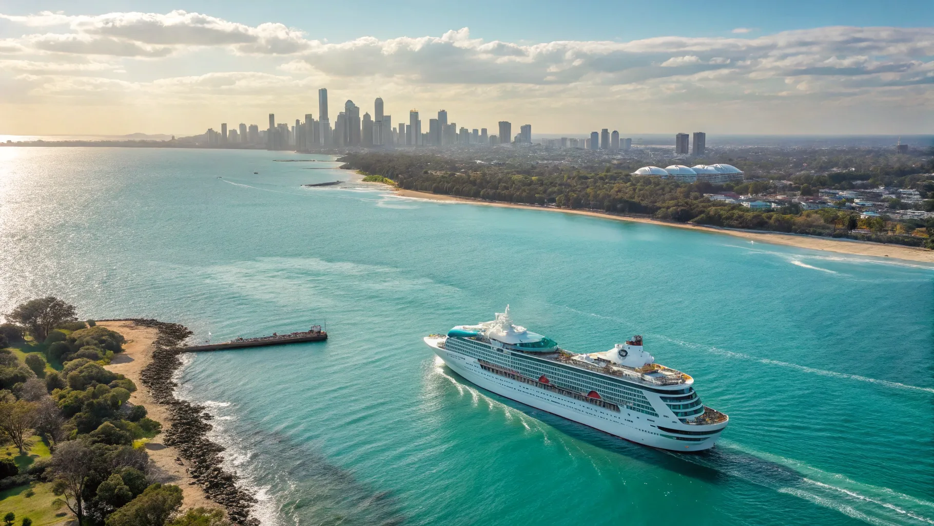 Cruises from Melbourne to Germany 2025/2026 showcase a luxurious ship on turquoise waters.