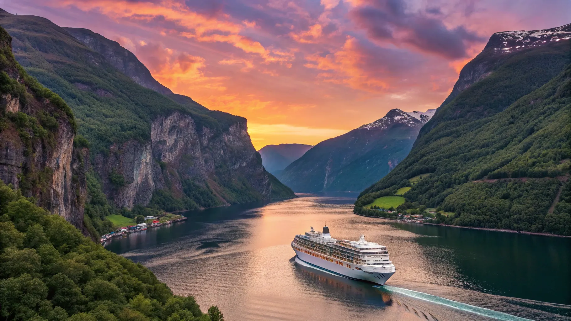 Cruises from Melbourne to Norway 2025/2026 showcasing a ship in scenic fjords at sunset.