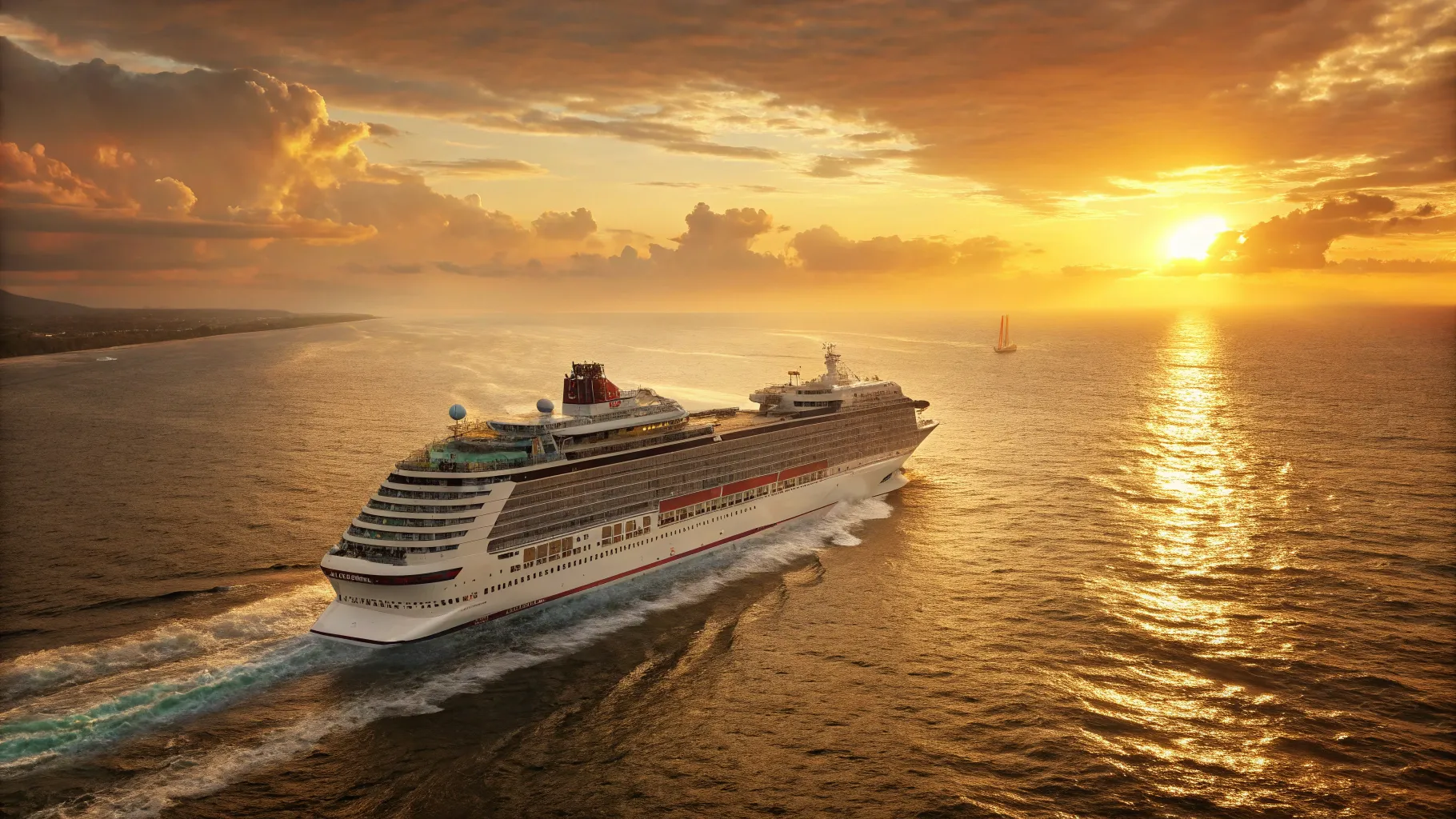 Cruises from Melbourne to Spain 2025/2026 with a beautiful ship and ocean sunset.