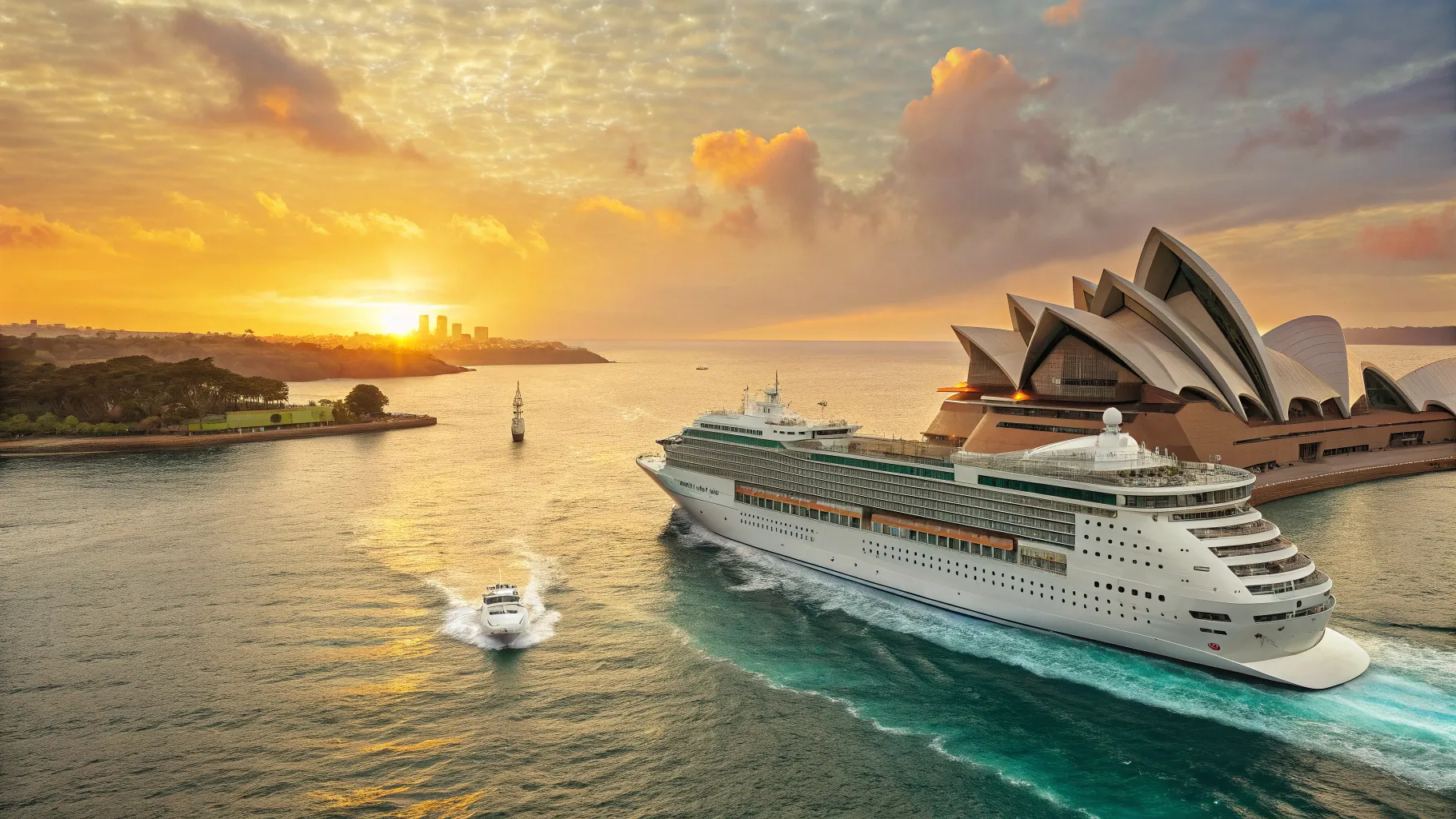 Cruises from Sydney to France 2025/2026 on a ship sailing into a picturesque sunset.