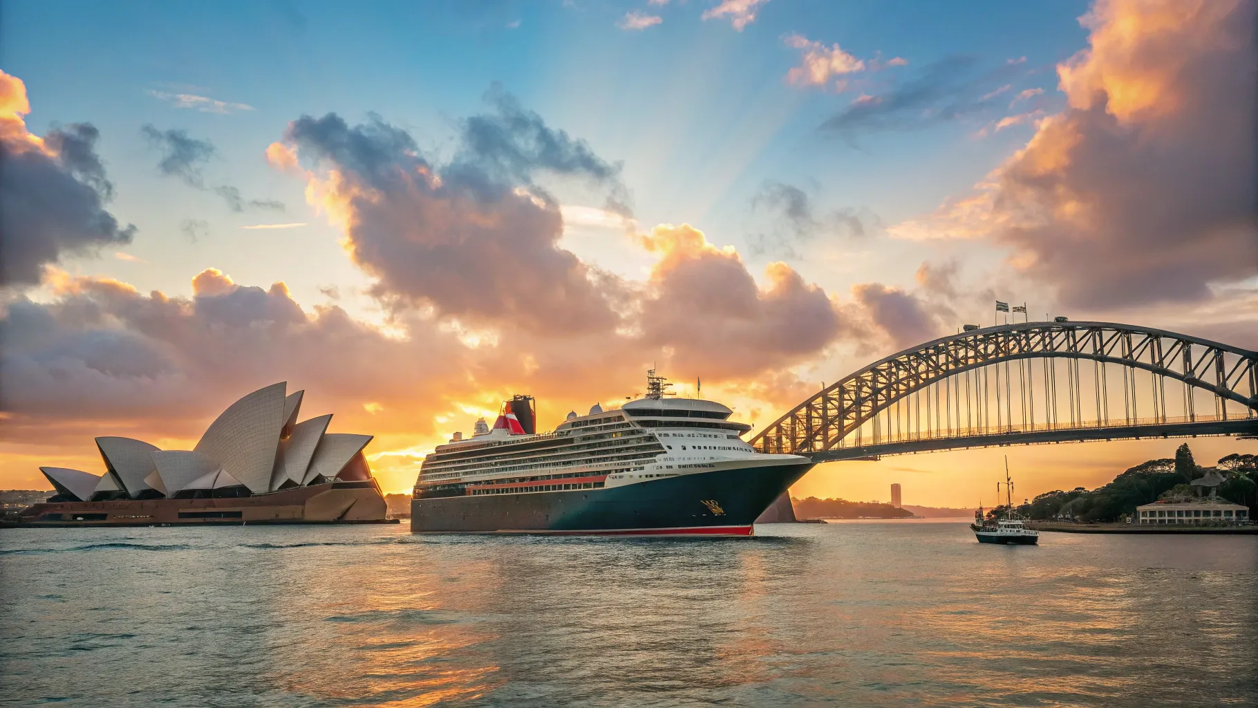 Cruises from Sydney to Germany 2025/2026 with a stunning sunset over the harbor.