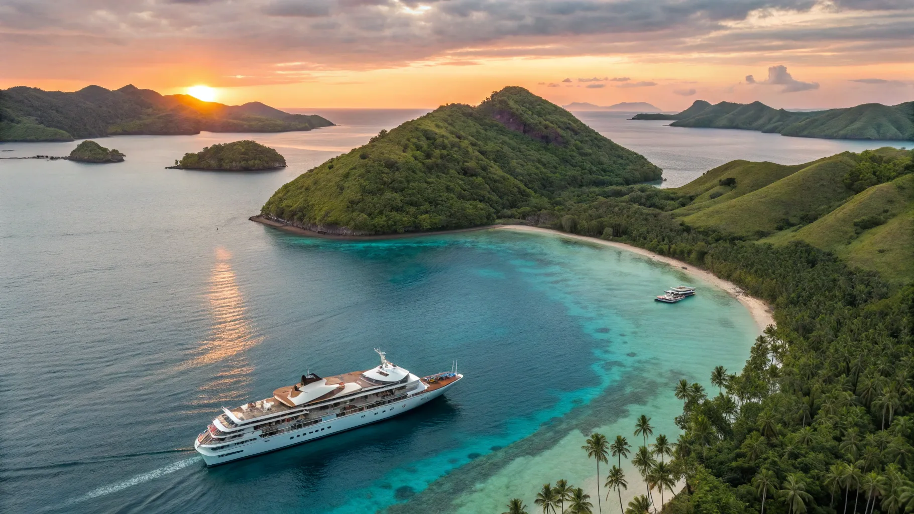 Cruises from Sydney to Indonesia 2025/2026 featuring a luxury ship near tropical islands.