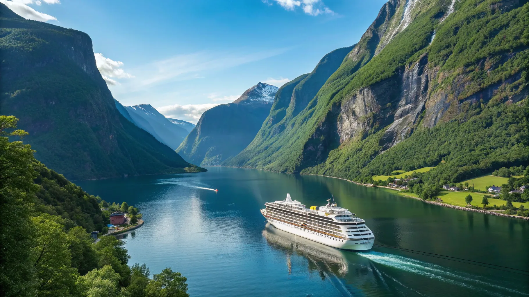 Cruises from Sydney to Norway 2025/2026 showcasing a ship amidst breathtaking fjords.