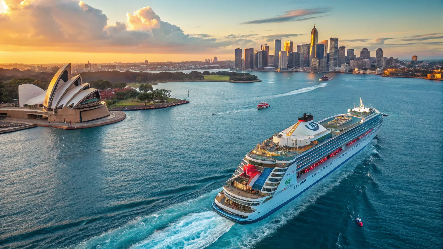 Cruises from Sydney to USA 2025/2026, showcasing a cruise ship against a sunset ocean.