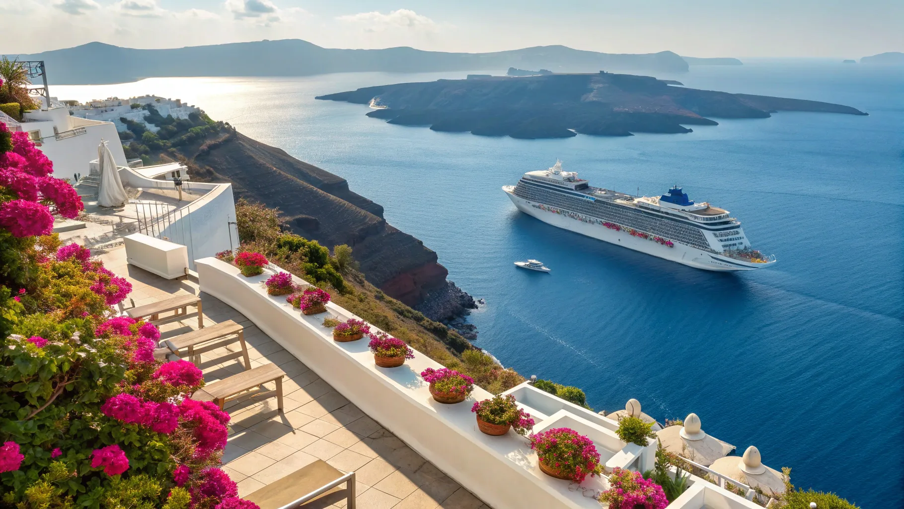Odyssey Awaits: Portsmouth’s Passage to Greece, a cruise ship against breathtaking islands.