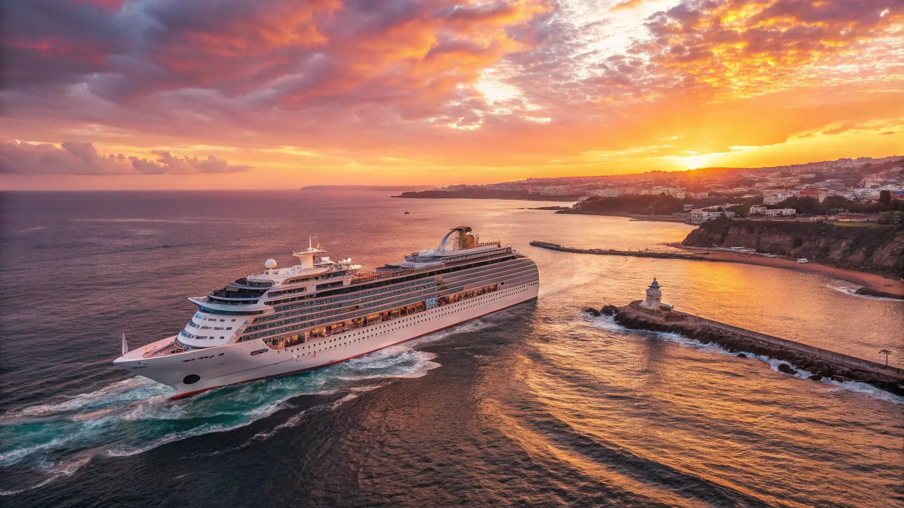 Moroccan Mystery: Portsmouth’s Exotic Gateway to Africa cruise ship sailing into sunset.