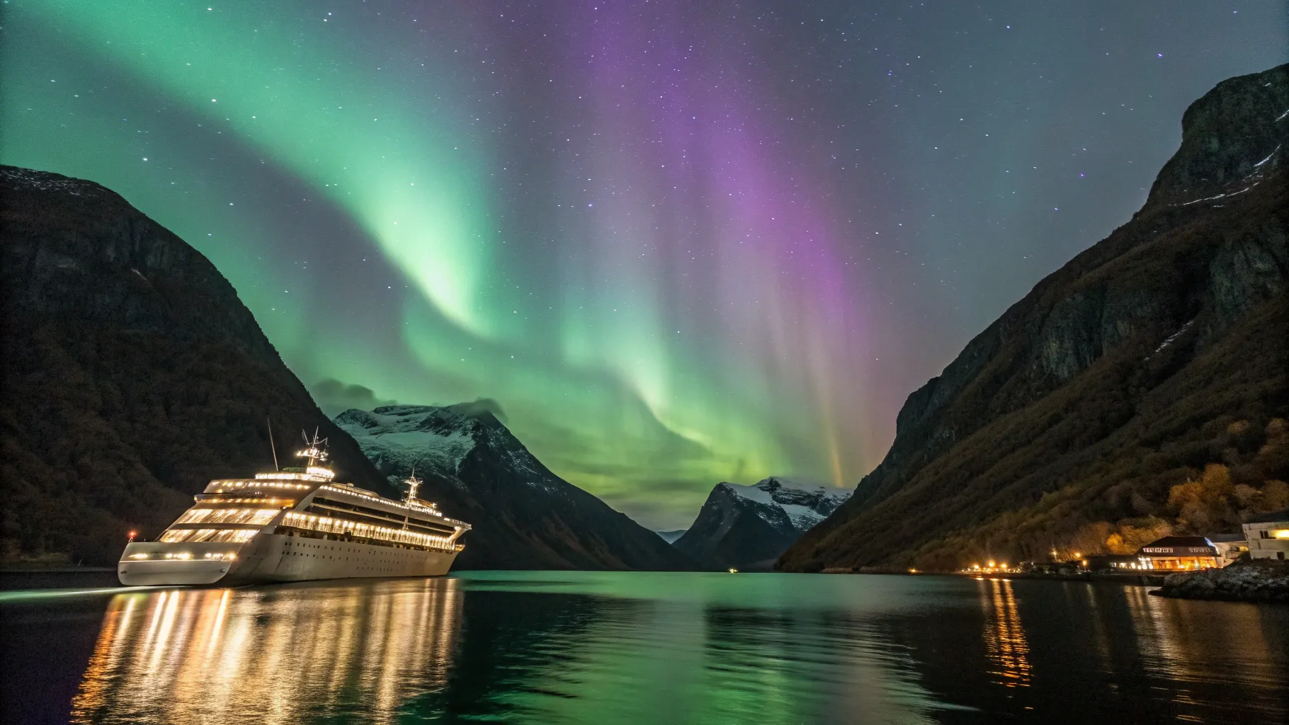 Northern Lights Calling: Portsmouth Cruises to Norway’s Fjords vibrant aurora over a fjord.