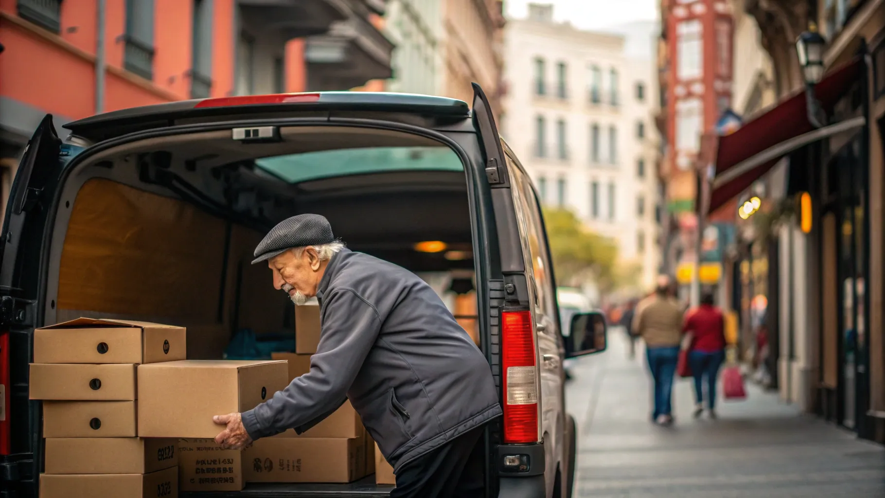 Delivery Driver Jobs for Seniors: Senior loading packages into a delivery vehicle in the city.