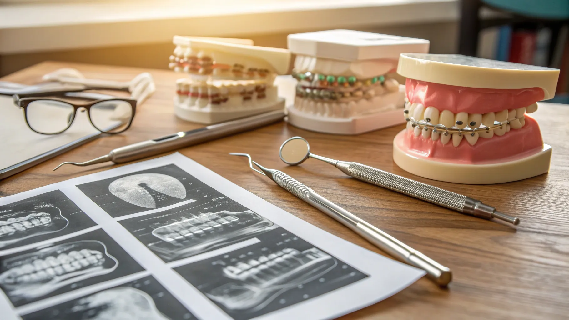 Does Medicare Cover Braces? Tools and x-rays in a warm dental office setting.
