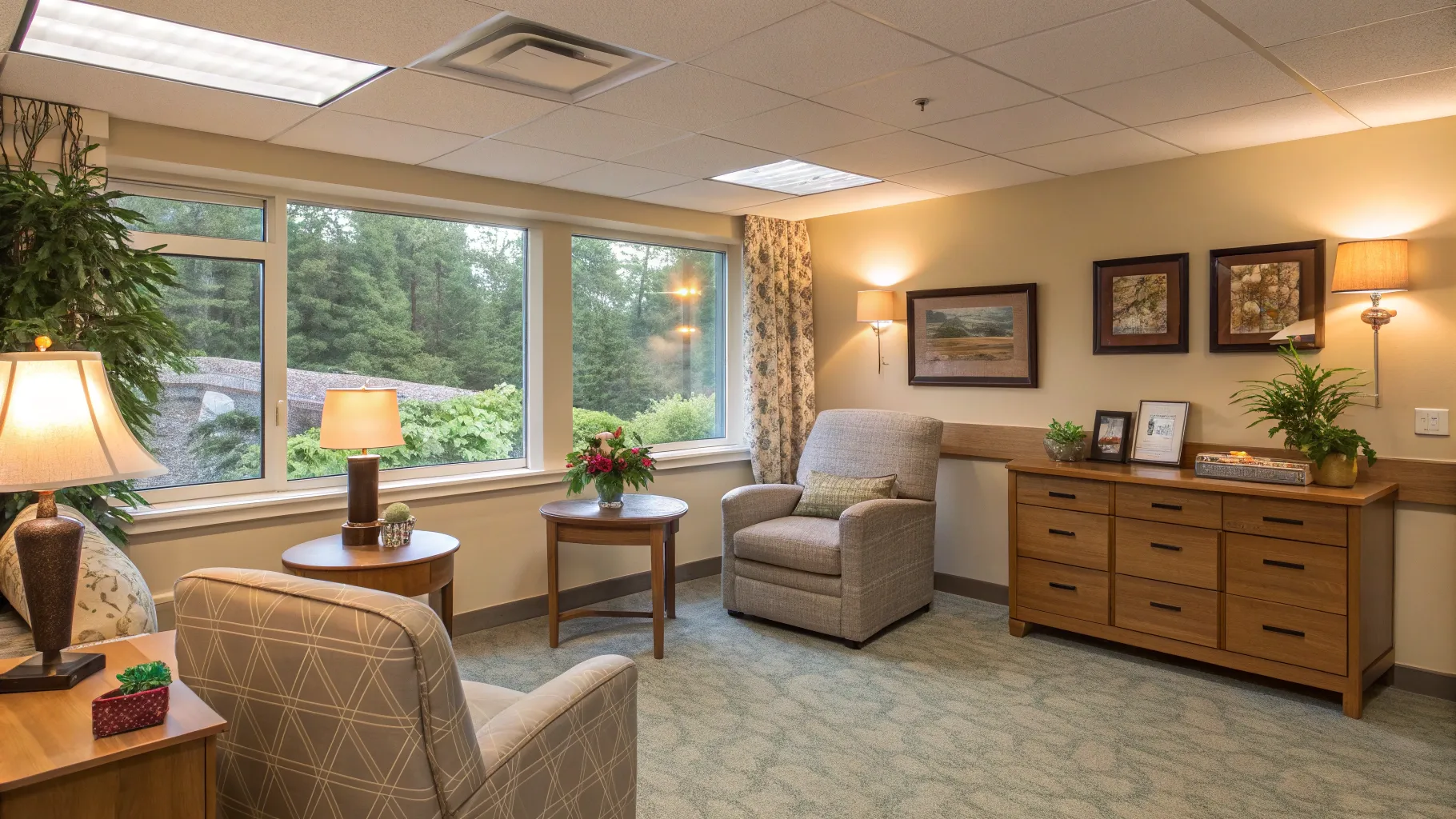 Does Medicare Cover Nursing Homes? Cozy nursing home room with warm lighting and greenery.