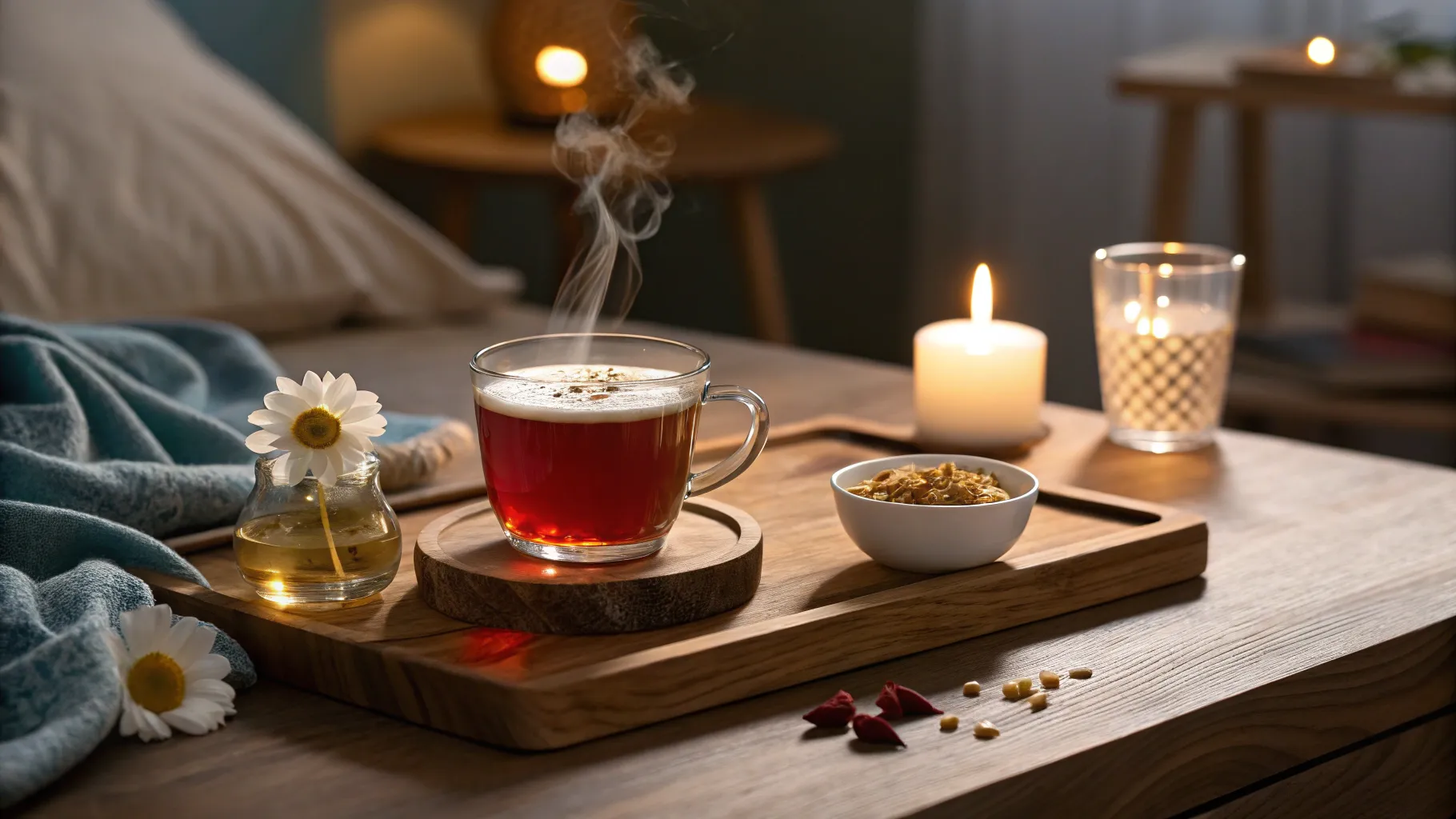 Drinks That Help You Sleep: Cozy nighttime scene with calming beverages on a table.