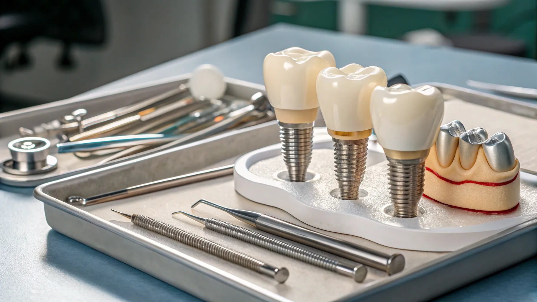 Dental implant Cost Guide for Seniors in US illustrates detailed dental implants on tray.