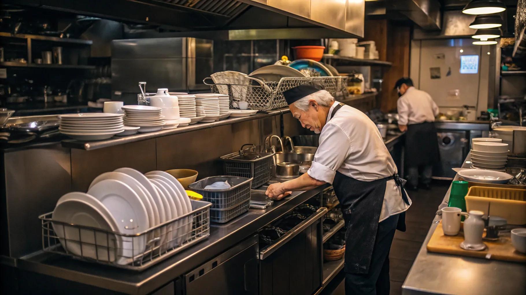 Dish Washer Job in Restaurant for seniors: Kitchen scene featuring a senior at work.