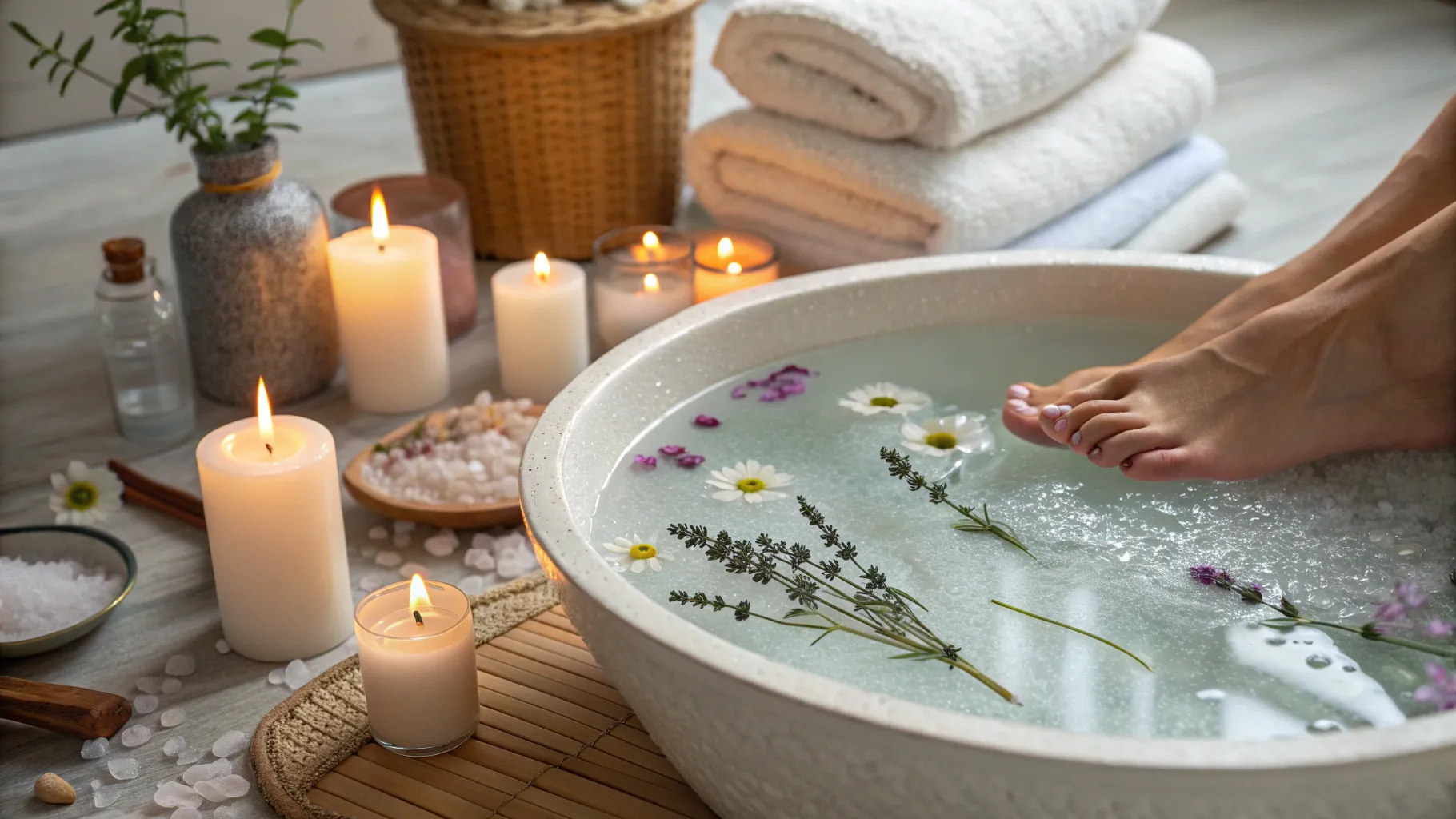 Can using natural ingredients on the soles of the feet have a relaxing or detoxifying effect? Explore relaxation with herbal ingredients in a calming foot bath.