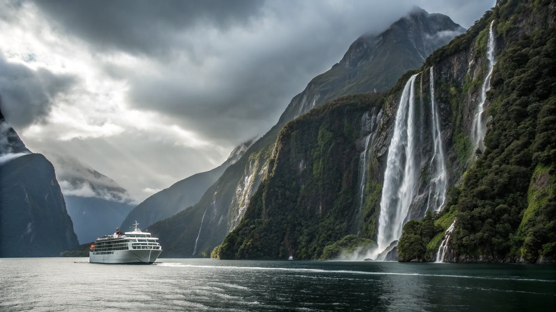 Majestic peaks reflected in calm waters with a cruise ship in Milford Sound, part of a Dunedin to Milford Sound Cruise 2026