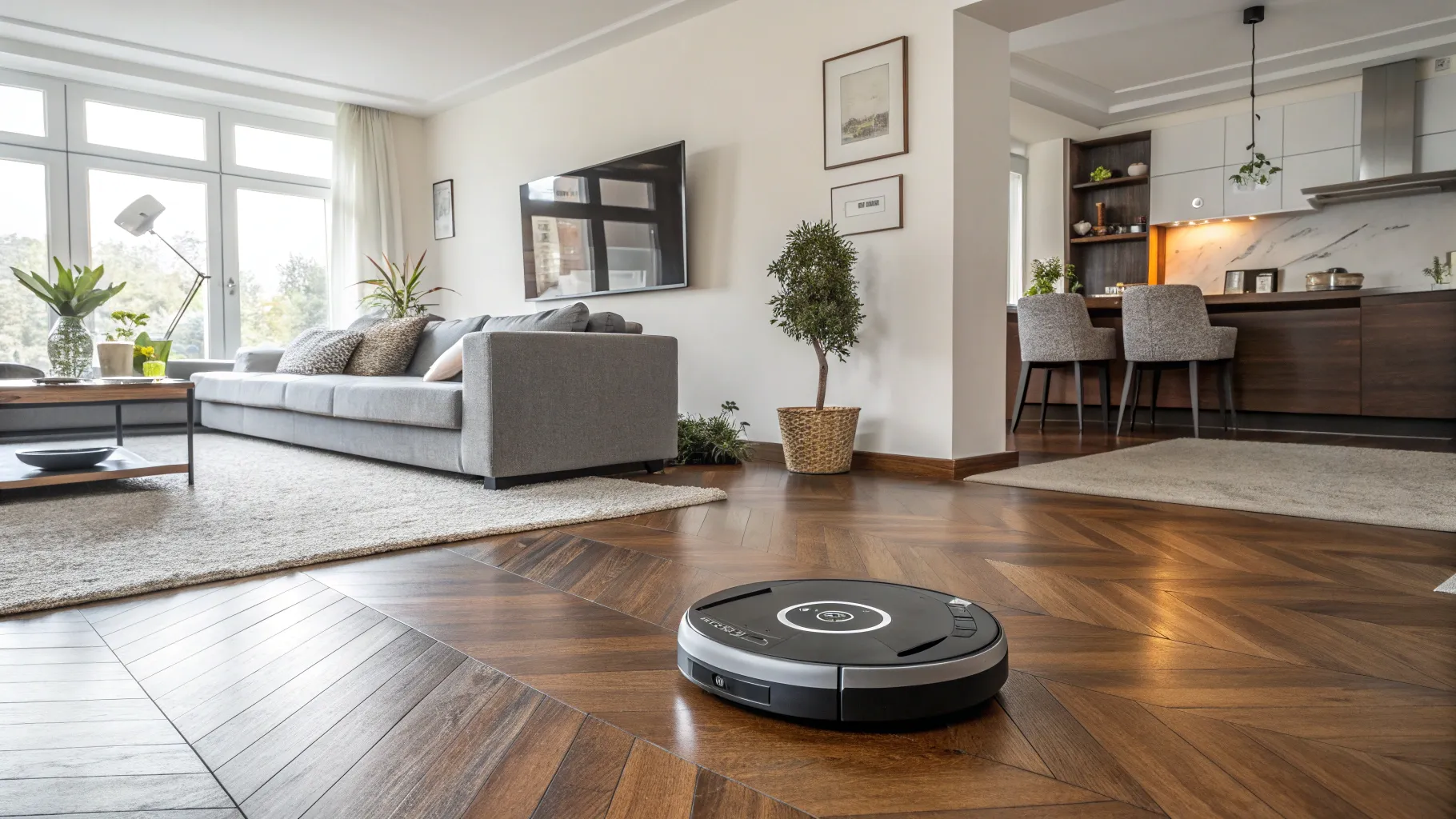 Tips for Buying Robot Vacuum: Robot vacuum cleaning a modern living room with stylish decor.