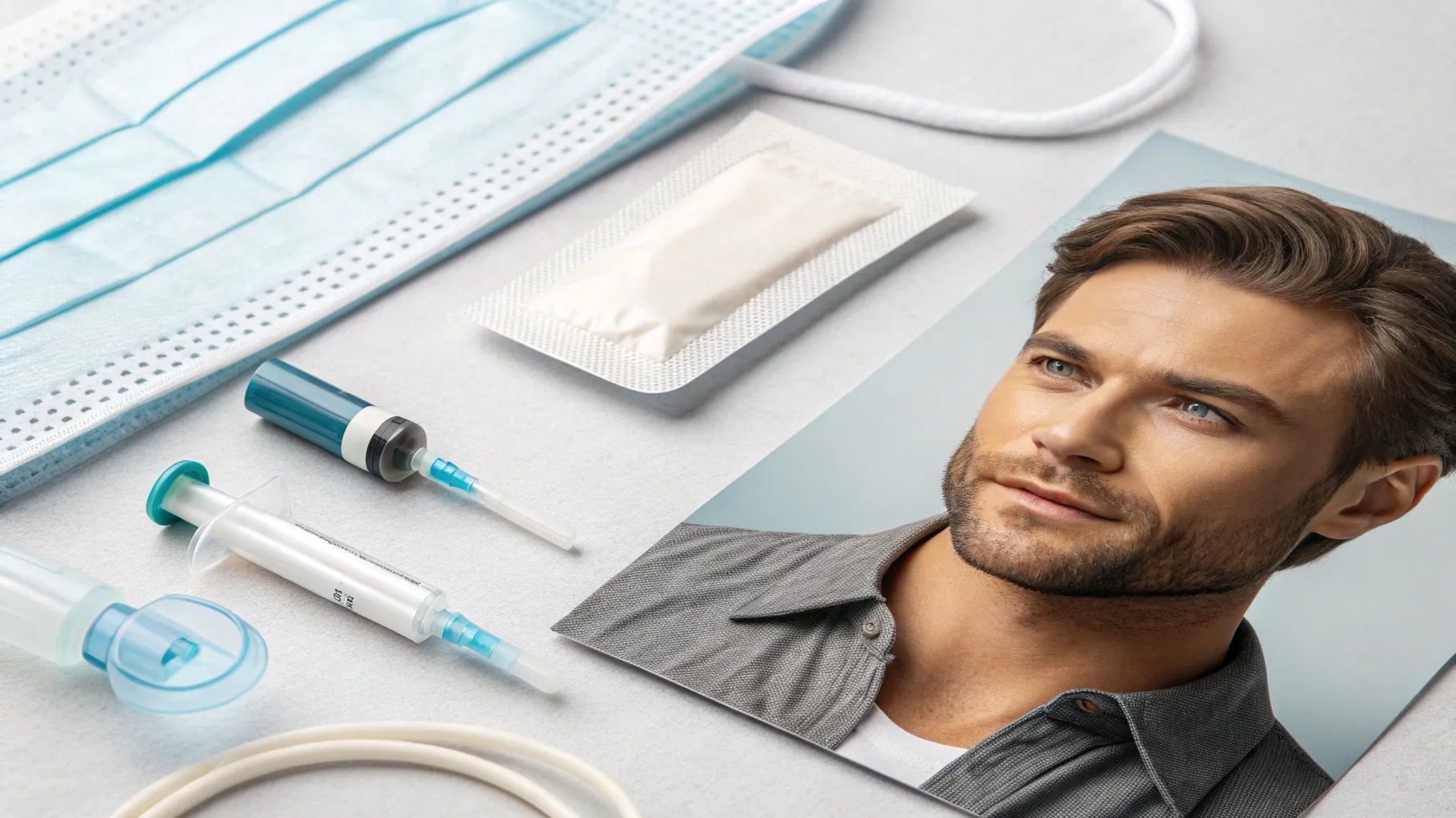 External Catheter for Men in a setup with catheter, adhesive, and collection bag.