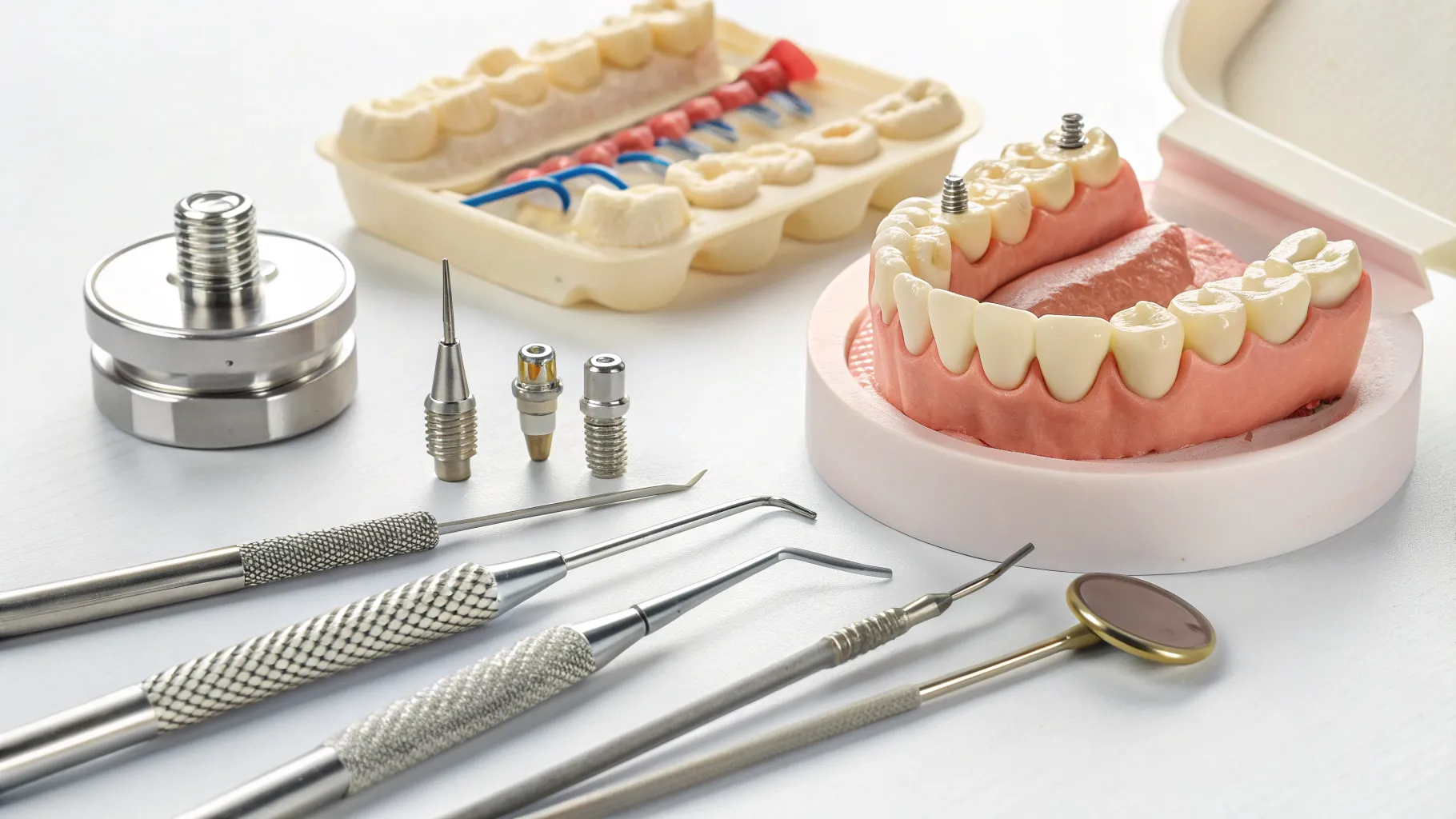 Full mouth dental implant procedure steps in a detailed, sterile dental environment.