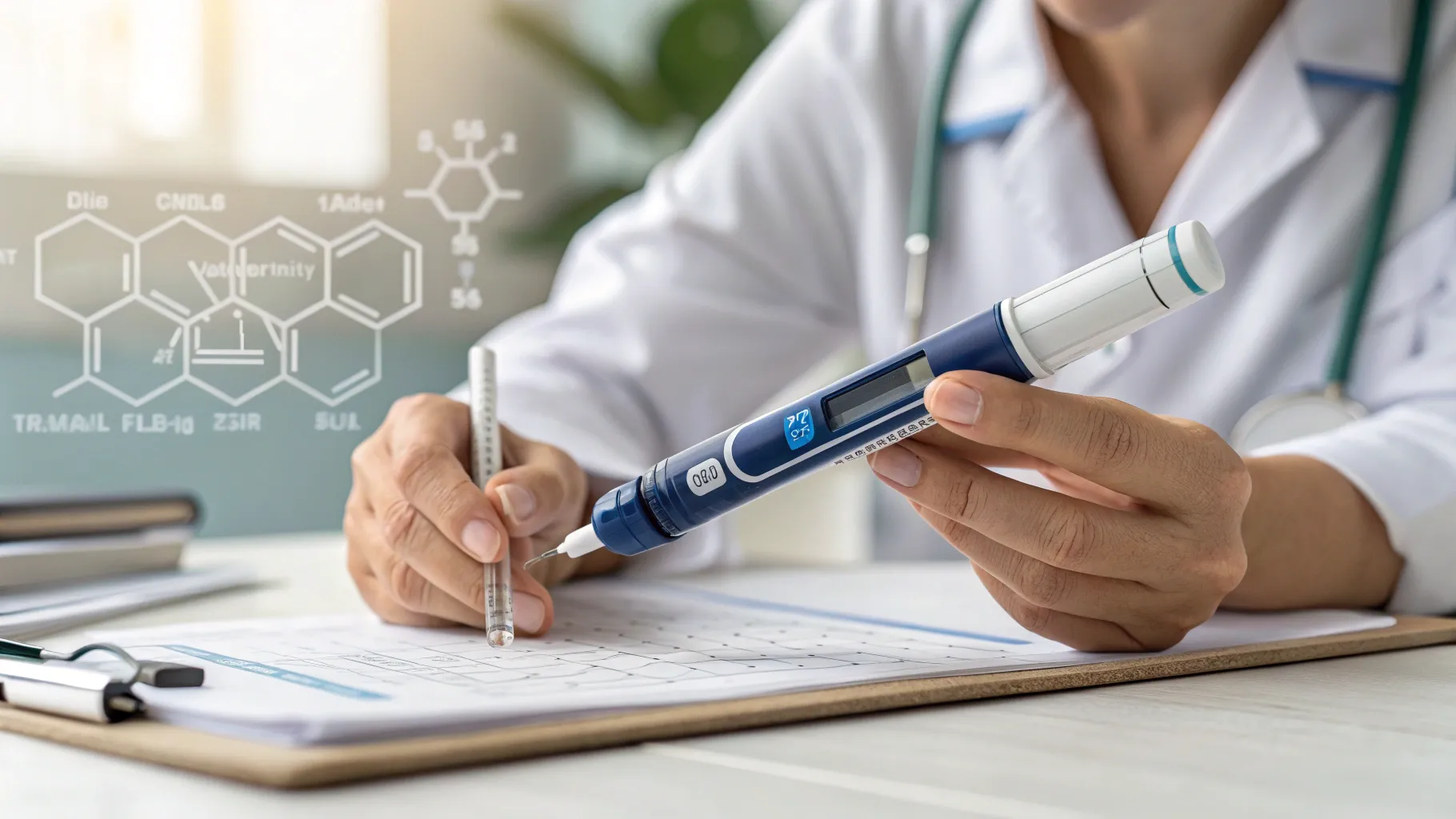 A detailed illustration of a GLP-1 medication injector pen with surrounding diagrams showing its effect on the digestive system for weight management.
