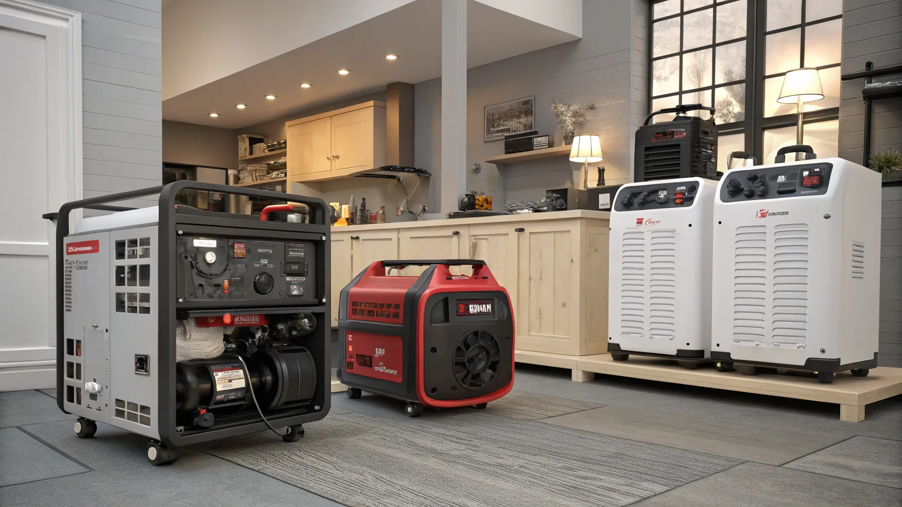 Generator Buying Guide: A variety of generators displayed in a home environment.