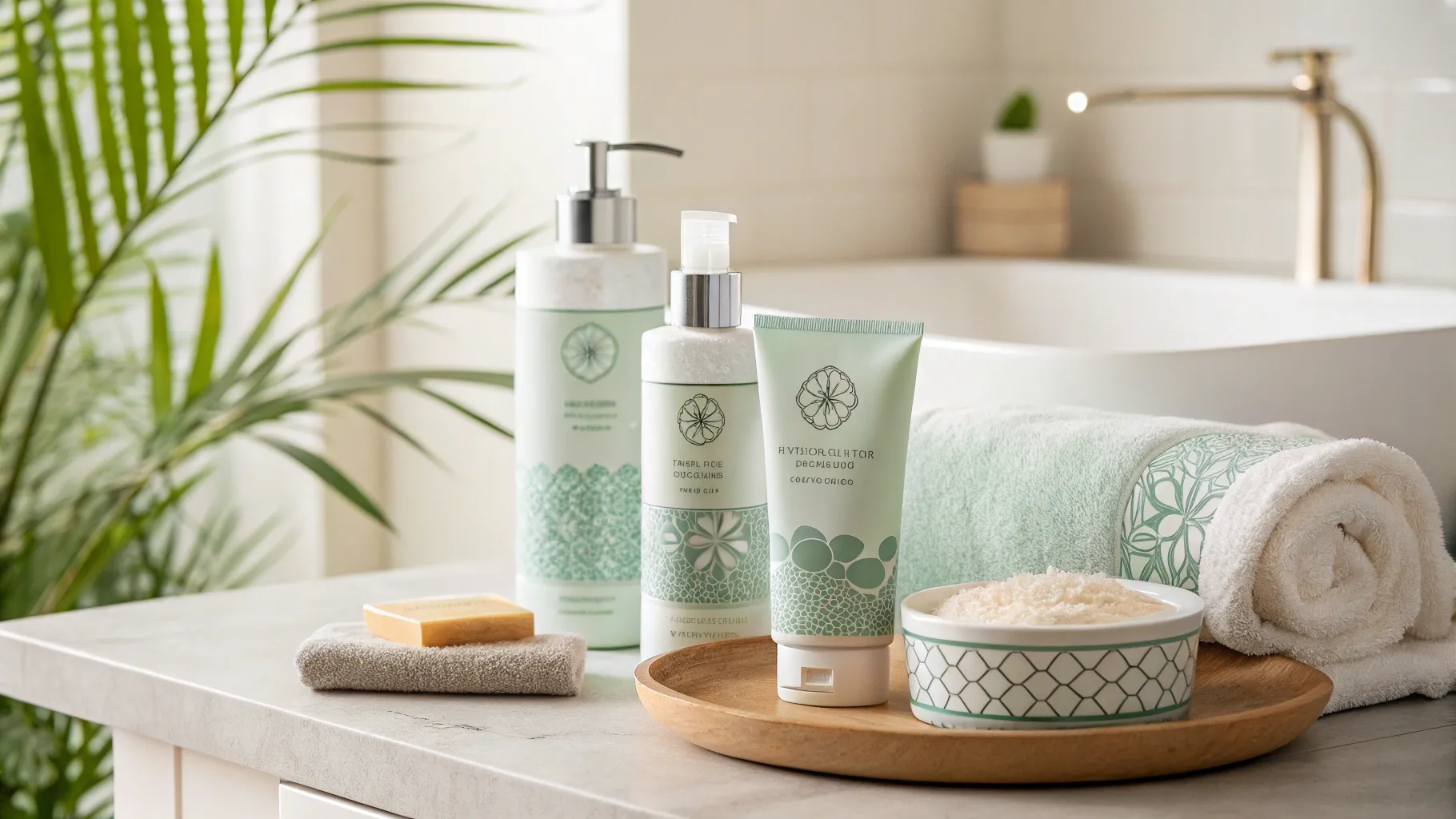 Genital Psoriasis Treatment products arranged in a calming bathroom setting.