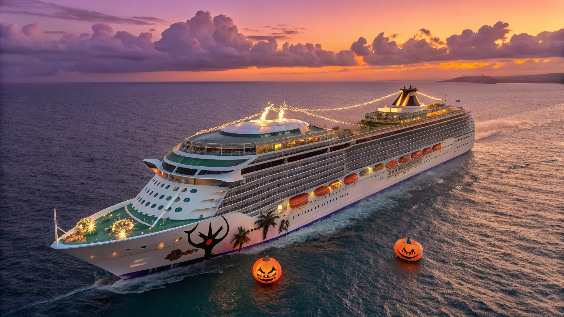 Halloween Cruises from US feature spooky decorations and stunning ocean sunsets.
